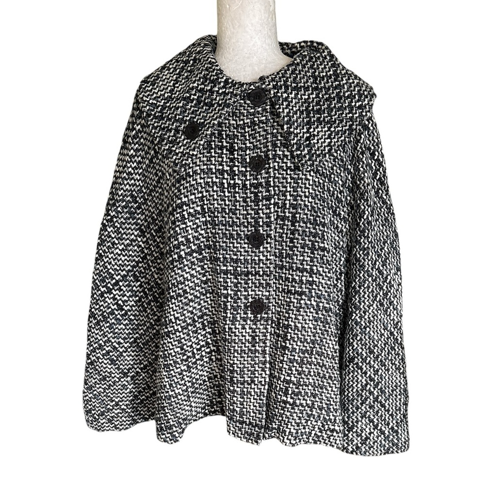 Lord & Taylor Tweed Black White Houndstooth Collared Button Cape - L / XL